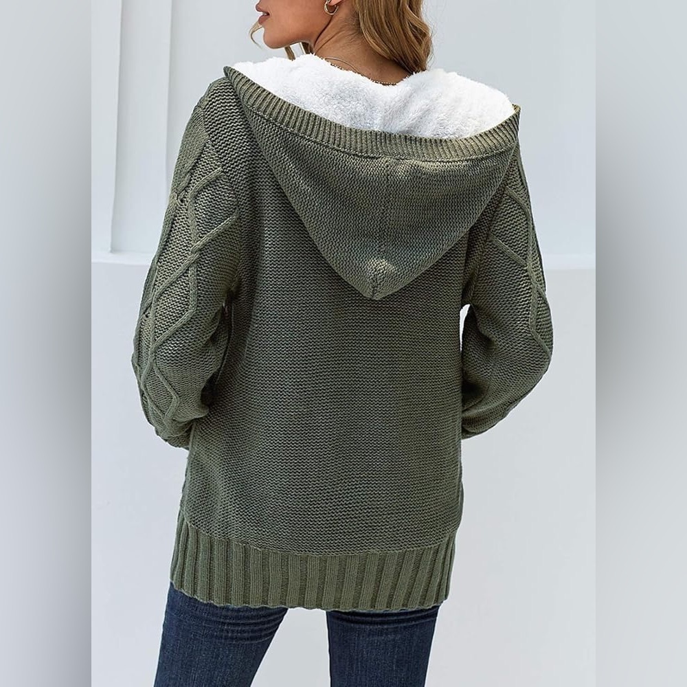Sidefeel Hooded Cable Knit Cardigan Sherpa Lined Toggle Coat Green Size Large - Picture 5 of 14
